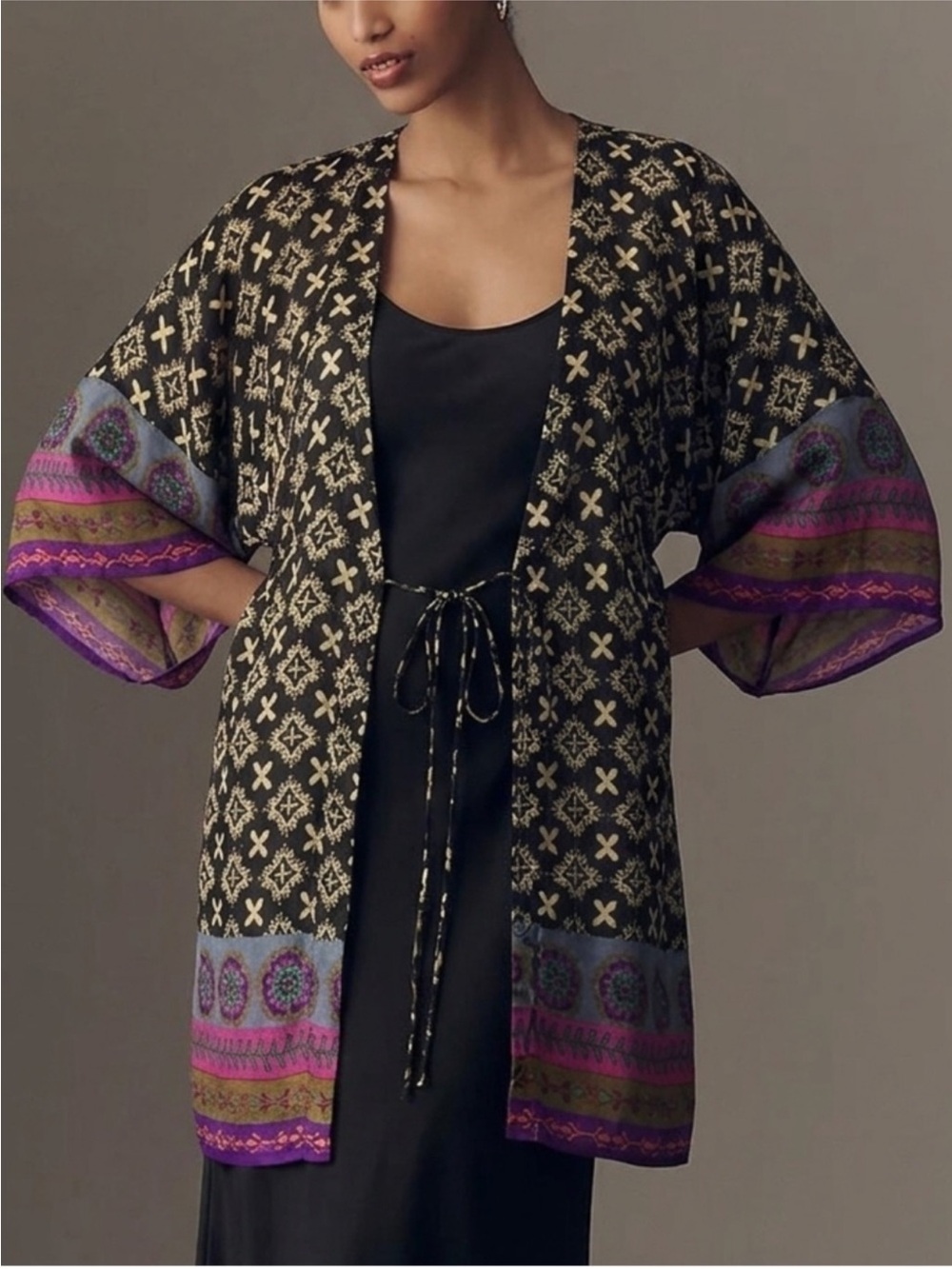Natural life Boho Black & Purple Patterned 100% silk kimono kaftan